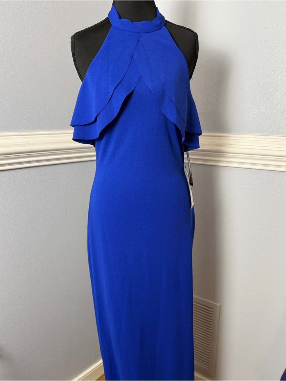 bebe Royal Blue Halter Maxi Dress with Layered Ruffle Yoke